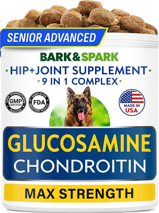 Bark&Spark Senior Advanced Glucosamine Chondroitin for Dogs - Hip Joint Pain Relief - Old Dog Joint Chews Large & Small Breed - Hip Joint Chews Joint Health Care Treats - 120Ct