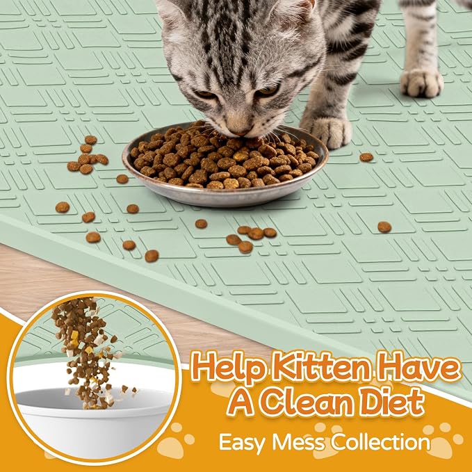 Cat Food Mat, 42" x 29" Large Silicone Mat Cat Feeding Mat with Raised Edge Non-Slip Pet Feeding Mat for Food and Water Bowl, Easy to Clean, Floor Protection (Light Green)