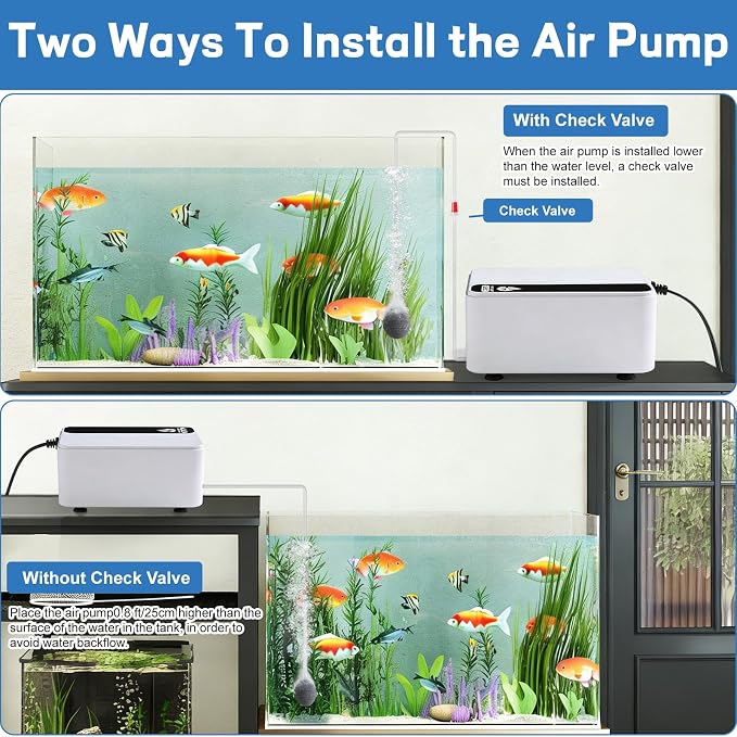 Aquarium Air Pump, Quiet Powerful Fish Tank Air Pump, Adjustable Fish Tank Bubbler with Air Stone, 2.3W/5.5W/8W Bubbler for Aquarium Fish Tank for Small Medium Large Fish Tank Up to 200 Gallon