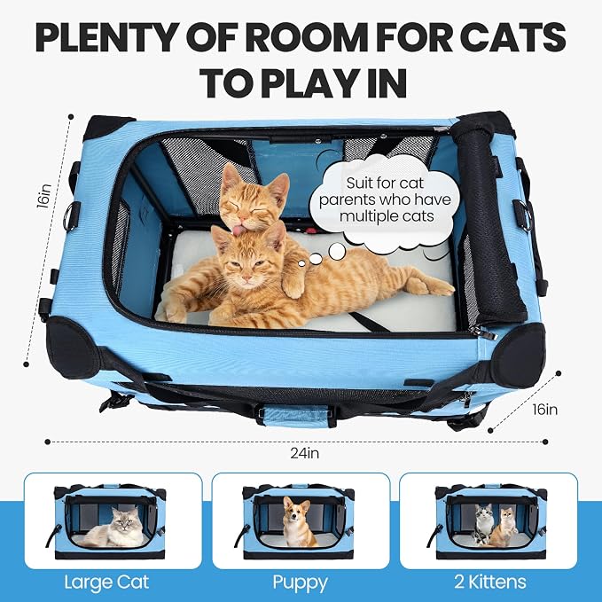 PEGIC Extra Large Cat Carrier, Teal | Soft Sided Collapsible, For Car Travel, Outdoor and Indoor Uses, Roomy Extra Large for 2 Kittens or Pets up to 50lbs