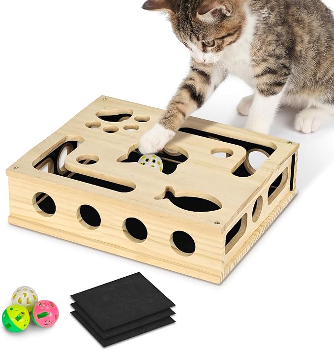 Cat Nail File Box, Interactive Wooden Cat Scratch Puzzle Toy with Sandpaper, Includes 3 Bell Balls & 3 Replacement Pads for Indoor Cats, Stress-Free Enrichment Claw Care (Regular)