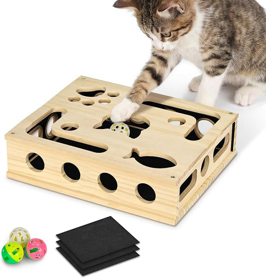 Cat Nail File Box, Interactive Wooden Cat Scratch Puzzle Toy with Sandpaper, Includes 3 Bell Balls & 3 Replacement Pads for Indoor Cats, Stress-Free Enrichment Claw Care (Regular)