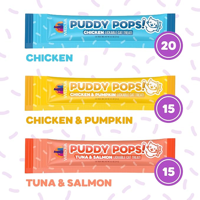 Weruva Puddy Pops, Lickable Cat Treats Variety Pack, 0.5oz Tube, Pack of 50