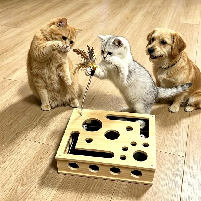 Cat Scratch Puzzle Enrichment Maze Box Wooden Nail File with Bell Ball Sandpaper Inside, Stress-Free Alternative to Nail Clippers and Grinders, for Cats that Hate Nail Trimming (Style-A)