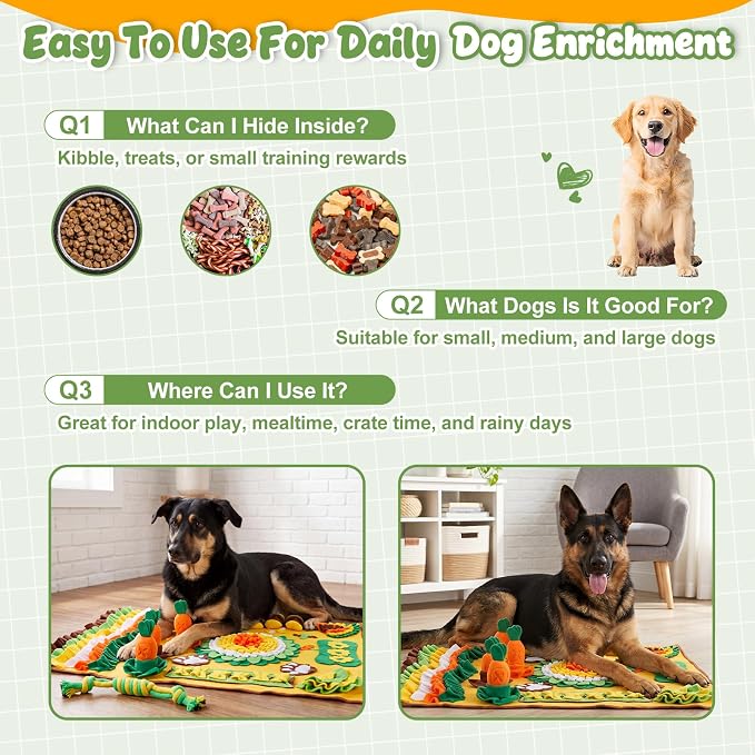 Hsei Large Snuffle Mat for Dogs Set 40'' x 30'' Colorful Nosework Feeding Mat with 5 Squeaky Carrots Cotton and 1 Cotton Rope Toy Interactive Foraging Puzzle for Stress Relief Slow Feeding