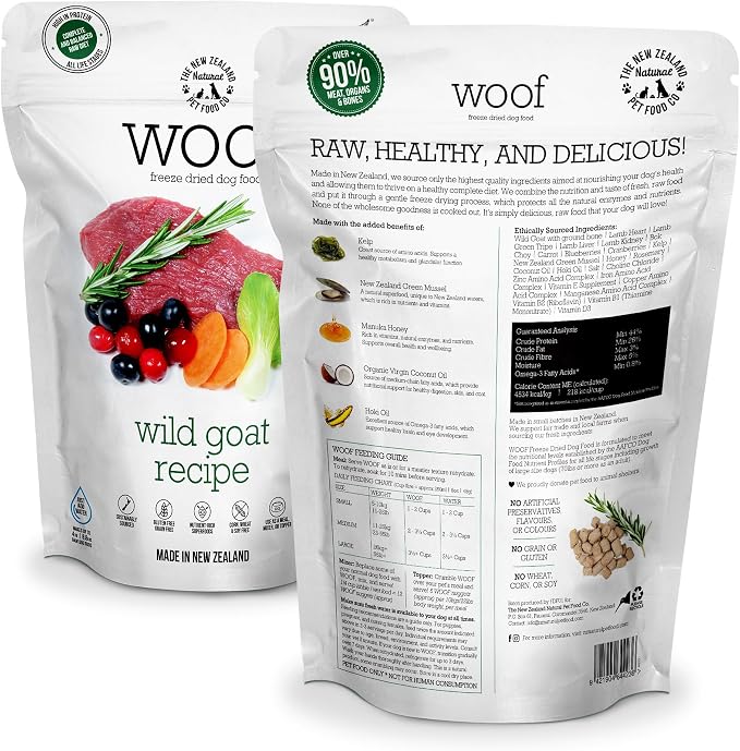 The New Zealand Natural Pet Food Co. WOOF Freeze Dried Dog Food - Wild Goat Recipe, High Protein Dog Treats, Natural Dog Food Topper or Snacks - 35 Ounce (Pack of 1)