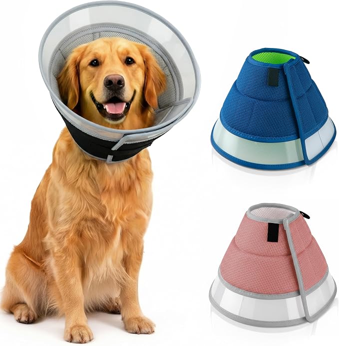 Premier Web Products Soft Dog Cone Collar To Stop Licking - Large Dog Cone, Adjustable and Reversible Design, Non-Woven Breathable Fabric, Elizabethan Recovery Collar after Surgery for Cat, Black