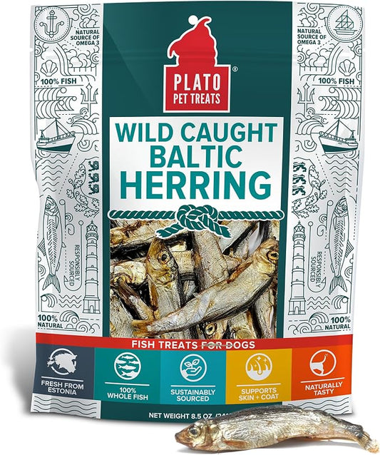 Plato Pet Treats Fish Dog Treats - Air-Dried, Single Ingredient Dog Treat - with Omega 3 & 6 Fatty Acids to Support Skin and Coat - 100% Whole Fish - Wild Caught Baltic Herring Dog Treats - 8.5 oz