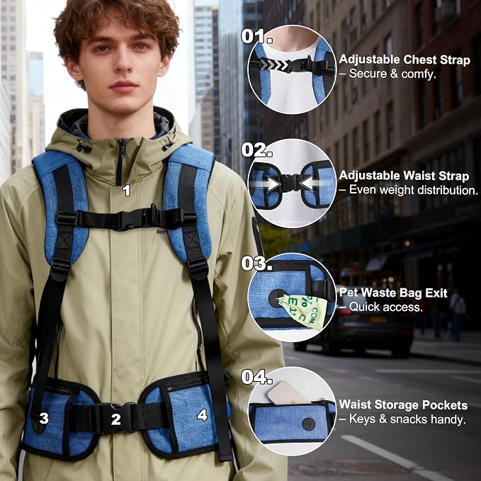 Dog Carrier Backpack for Small Dogs - Breathable Mesh Hiking Bag with Safety Buckle, Adjustable Straps and Standard Pad - Durable for Hiking (Fits Small Cats Too, Up to 17lbs, Blue)
