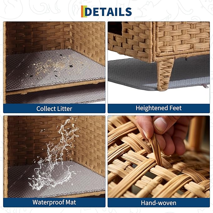 Rattan Litter Box Enclosure Double Room Cat Hidden Litterbox Furniture with Removable Litter Mat & 2 Hooks, Natural Cat House End Table, Easy Assembly, 47.2" l x 19.7" w x 23.6" h Natural