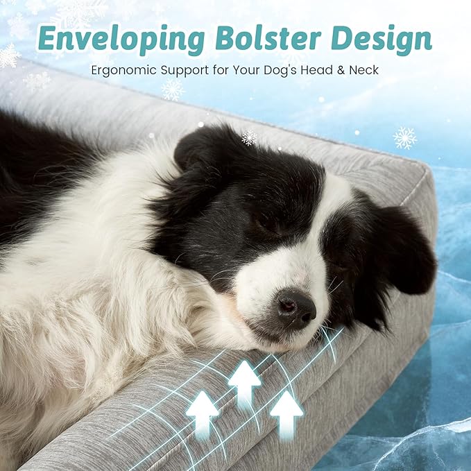 COZY KISS Cooling Dog Bed for Extra Large Dogs, 48"x32" Orthopedic Foam Sofa with Bolster Sides, Q-Max >0.4 Cooling Technology, Cool Pet Bed with Removable Washable Cover, Grey
