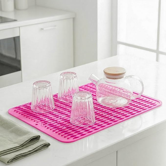 MicoYang Silicone Dish Drying Mat — Quick-Dry Ridges Counter & Sink Pad, Heat-Resistant Trivet to 450°F, Non-Slip & Dishwasher Safe, Roll-Up Storage, 18 Colors & 9 Sizes (Rose, 16"×12")
