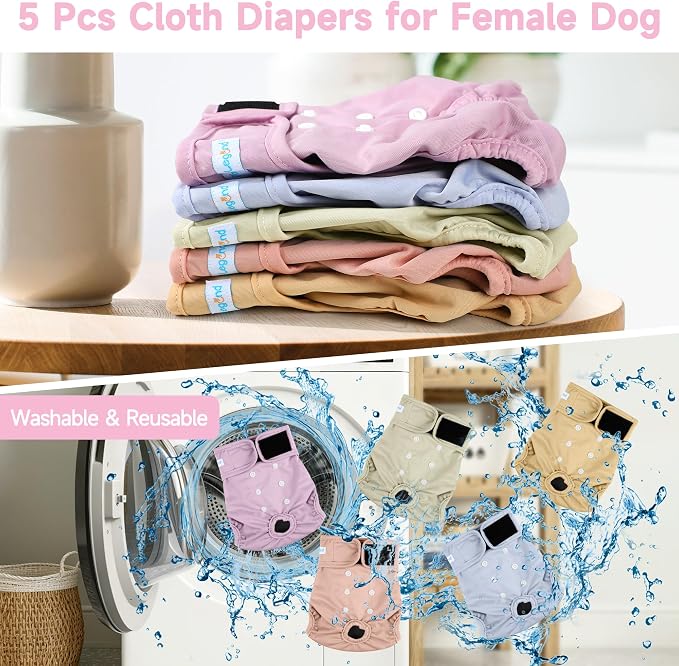 5Pcs Washable Reusable Female Dog Diapers Puppy Doggy Doggie Diapers for Female Dogs Small Medium Large Period Panties in Heat, Medium