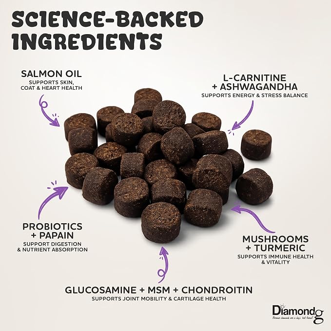 Diamondg Dog Mutivitamin Chews with Turkey Tail & Probiotics, 60ct - All in One Dog Nutritional and Health Supplement to Support Critical Immune Defense for Puppy & Senior, Daily Multivitamin for Dogs