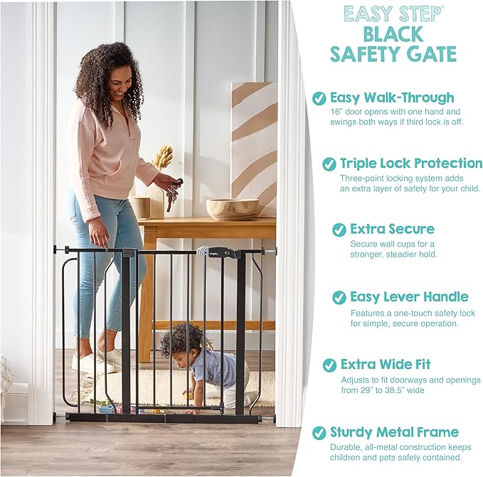Regalo Safety 29-38.5" Baby Gate for Doorways & Bottom of Stairs, Pressure Mounted Baby Gate with Door for Babies, Toddlers & Pets, Tested & Safe for 30 Years, American Designed, American Owned, Black