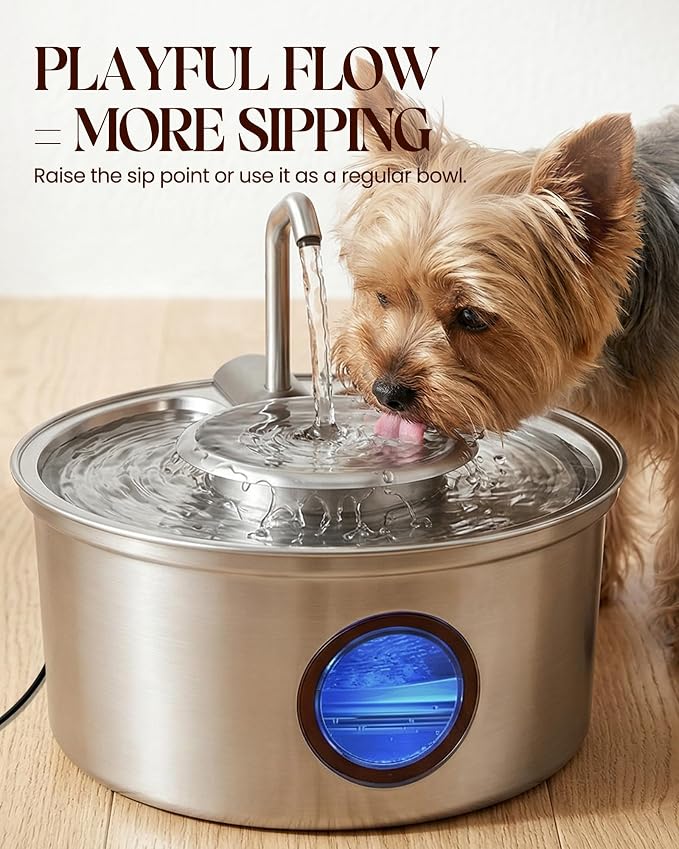 Hicuper Cat Water Fountain,108oz/3.2L Stainless Steel Cat Fountain and Removable Water Bowl,Pet Fountain with Water Level Window,Quiet Pump,Multi-Filter, Water Tap, Provides Flowing,for Dog Cats