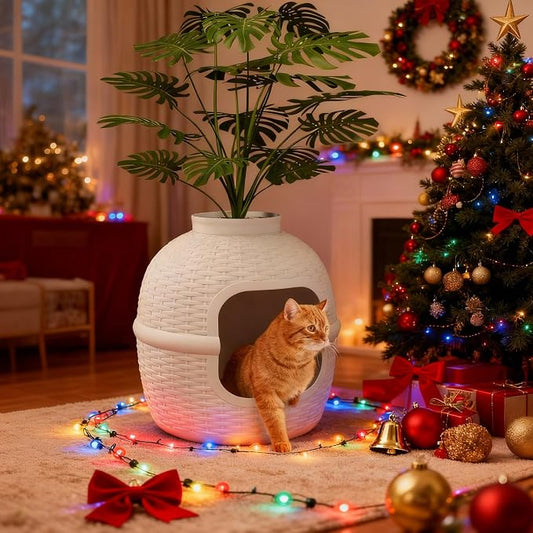 Wisteria Lane Cat Litter Box, Hidden Enclosure with Faux Plant & Rattan Pattern, Cat Bed & Litter Box 2-in-1, Heavy Duty PP Litter Box Enclosure for Living Room, Bedroom, Corner, Laundry Room, White