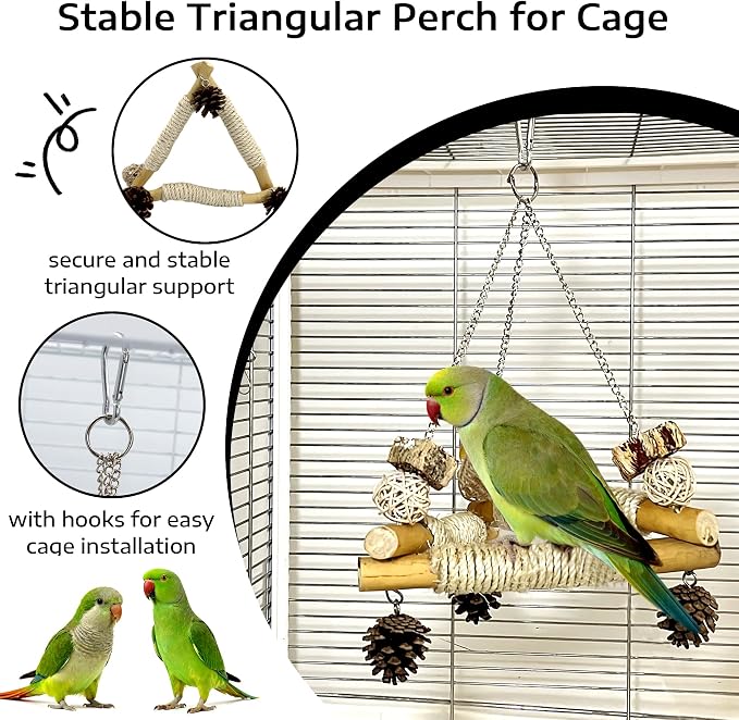 Natural Wood Bird Perch Stand & Large Bird Swing with Chew Toys, Intelligence Puzzle Platform and 3 Sisal-Wrapped Perches for Conure Cockatiel
