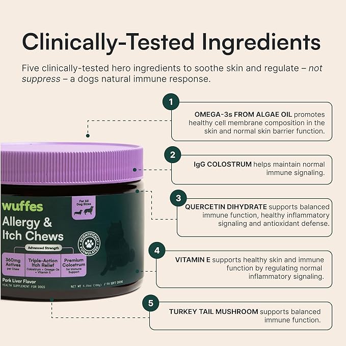 Wuffes Allergy & Itch Soft Chews, Dog Allergy Support with Colostrum, Vitamin E and Omega 3s for Dogs, Non-Drowsy Immune and Itchy Skin Support for All Dogs, 60 Soft Chews
