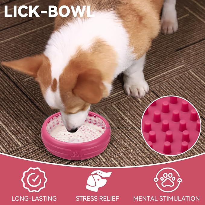 Dog Lick Bowl, Animire Freeze Lick Mat for Dogs, Non-Slip Slow Feeder Licking Bowl Enrichment Treat for Distraction Anxiety Relief, Food Grade Silicone, Dishwasher Safe(Rose,L)