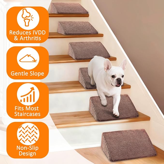 Dog Ramp for Stairs for Small & Senior Dogs and Cats – Non-Slip Stair Wedges for Dogs with Gentle Slope, Pet Ramp with Washable Cover & Self-Sticky Pads for Safe Climbing (Brown, 1 Pack)