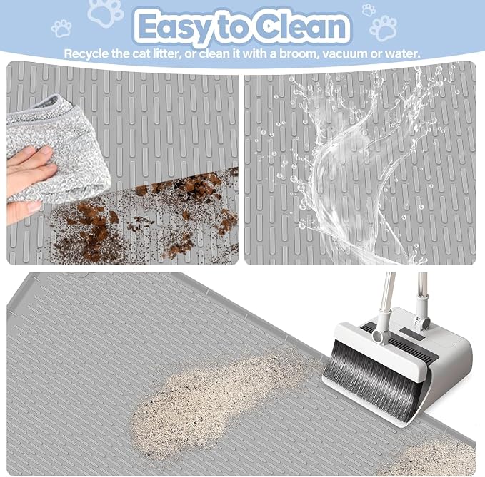 Kalolary Cat Litter Mats, 40" x 28" Extra Large Silicone Cat Mat for Litter Box, Easy to Clean Kitty Litter Trapping Mat, Soft on Kitty Paws, Waterproof, Urine-Proof Kitty Litter Mats for Floor, Grey