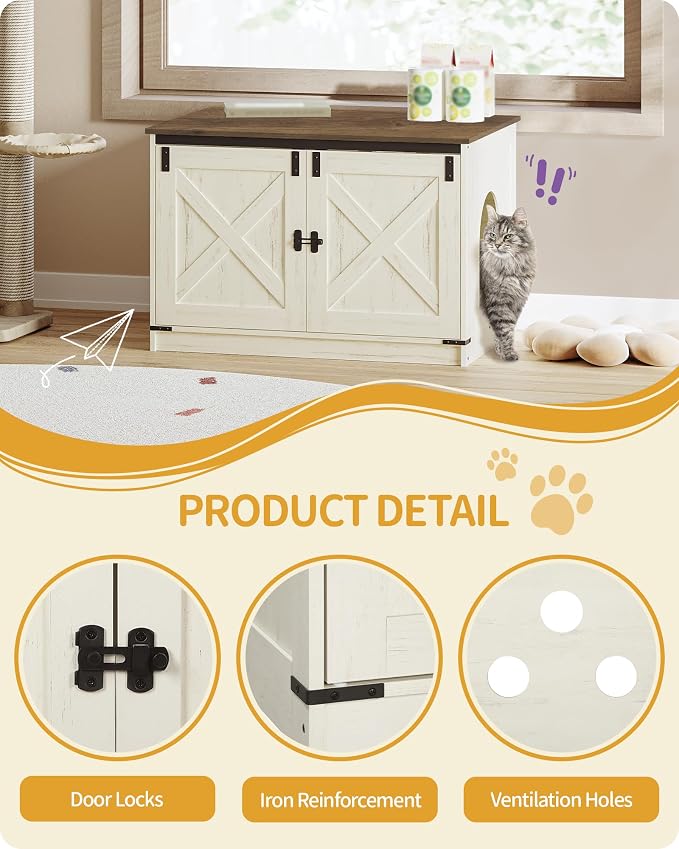 Hzuaneri Cat Litter Box Enclosure with Cushion, Hidden Litter Box Furniture with Removable Dividers, Reversible Entrance Left or Right Side, Cat House, Rustic White and Brown CB84614X