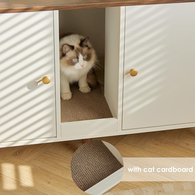 Double Cat Litter Box Enclosure - Hidden Litter Box Cabinet Furniture for 2 Cats Large with Scratching Pad, White