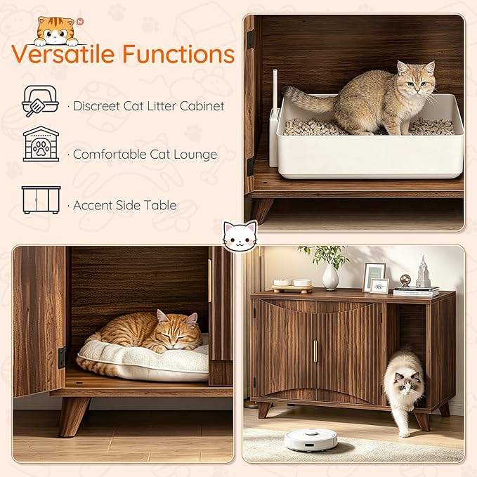 HOOBRO Cat Litter Box Enclosure, 31.5" Hidden Litter Box Furniture with Wave-Patterned Door & Side Entrance, Litter Box Cabinet with Raised Wooden Legs, Living Room End Side Table, Walnut WL28MW01