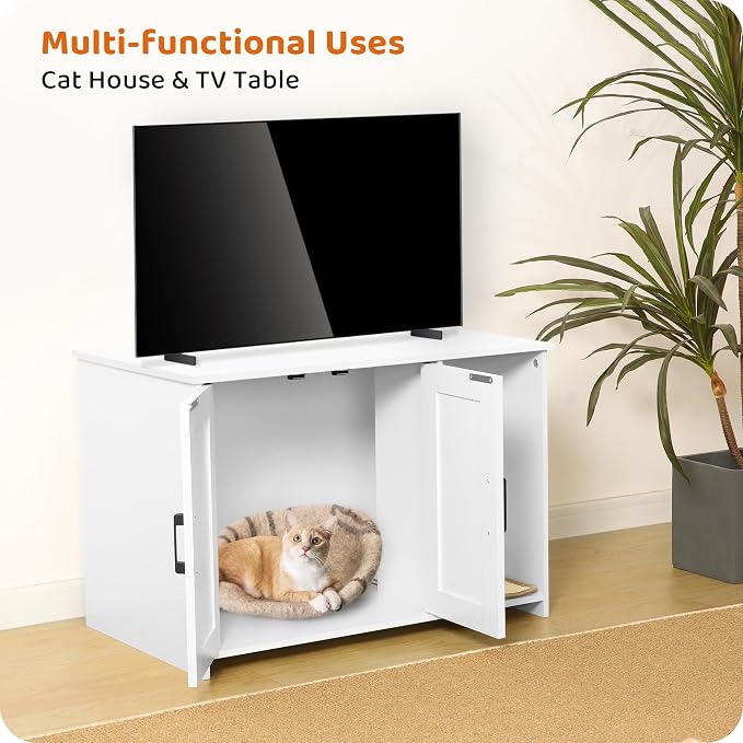 DWANTON Litter Box Enclosure, Cat Litter Box Furniture Hidden, with Scratching Mat, Wooden Cat Washroom Indoor, 31.5" L x 19.7" W x 21.7" H, White