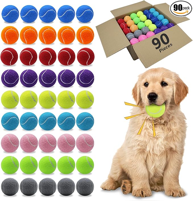 Magicorange Dog Tennis Balls,90 Pack 2.5 inch Floatable Squeaky Tennis Balls for Fetch Exercise, Natural Rubber Squeaky Dog Ball Training Safe (Multicolor)