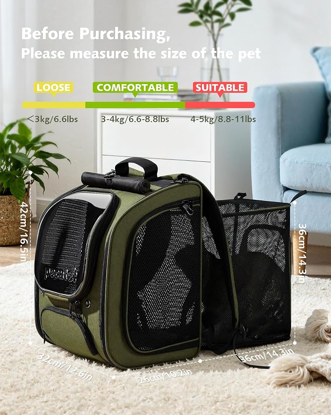Pecute Expandable Cat Backpack Carrier, Large Space Cat Bubble Backpack, Breathable Cat Carrier, Shaded Dog Backpack Carrier for Travel, Hiking, Vet,12.6" L x 10.2" W x 16.5" H,Green
