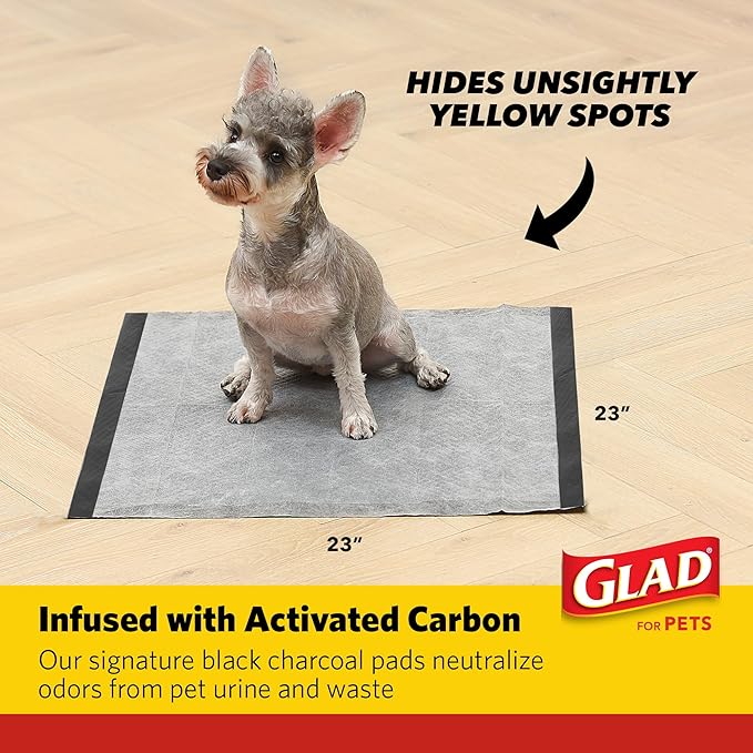 Glad for Pets Activated Carbon Puppy Training Pads with Anti-Microbial Technology, Odor Control Pee Mats for Dogs, 6-Layer Leak-Proof Heavy Duty Indoor Potty Pads, 23 x 23 Inches, 100 Count - 2 Pack