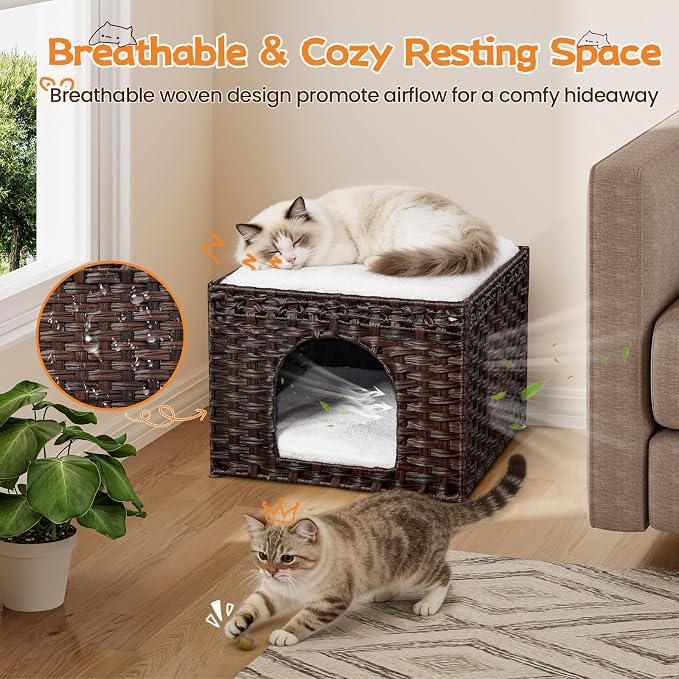 Snughome Handwoven Rattan Cat House - Indoor Foldable Cat Bed Cave with 2 Removable Bed Mats, Large Kitten House, Hideaway Pet Cube, 16.54 x 16.54 x 12.6 Inches, Brown, for Living Room & Bedroom