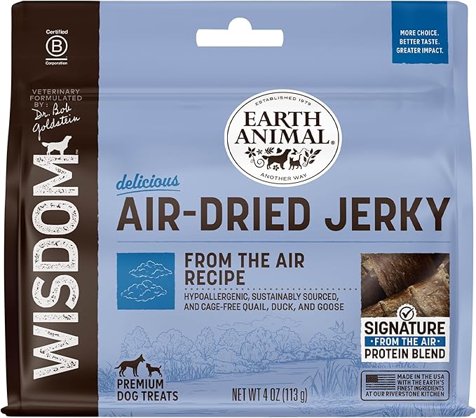 Earth Animal Wisdom Air Dried Jerky - from the Air Recipe Premium Natural Jerky Strips Dog Treats - 4 oz Bag