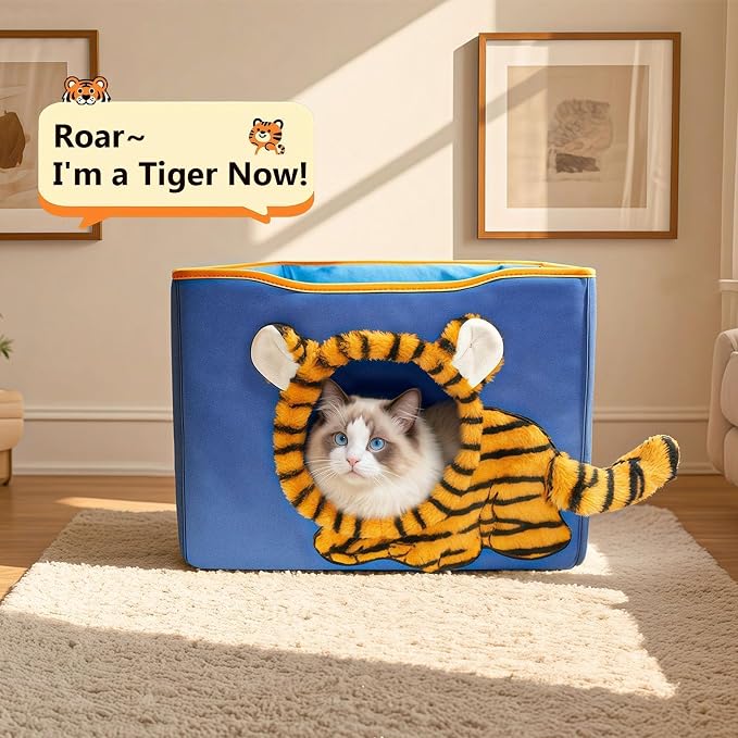CWV Interactive Cat Toys for Indoor Cats, Kitten Toys with Scratch Pad， Cat Hideaway with Peekaboo Holes, Tiger Cat House Cave with Soft Pillow