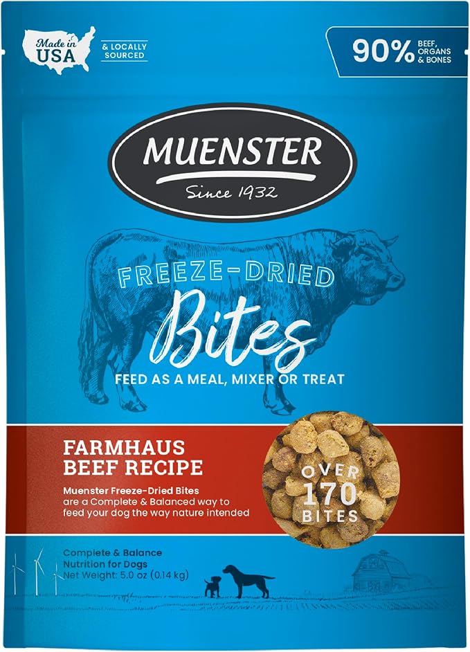 Muenster Freeze Dried Beef Bites - Dog Food, Treat, Mixer or Topper (5oz) - Grain-Free