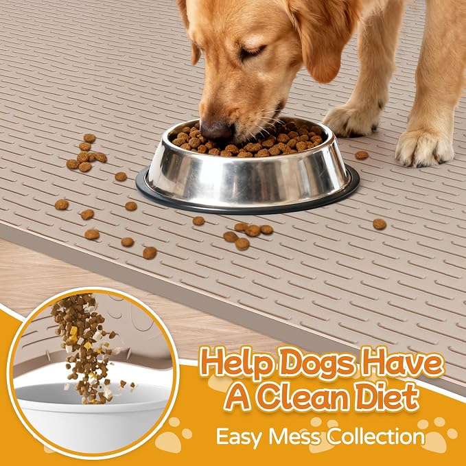 Dog Food Mat, 40" x 28" Large Silicone Mat Dog Feeding Mat with Raised Edge Non-Slip Pet Feeding Mat for Food and Water Bowl, Easy to Clean, Floor Protection (Khaki)