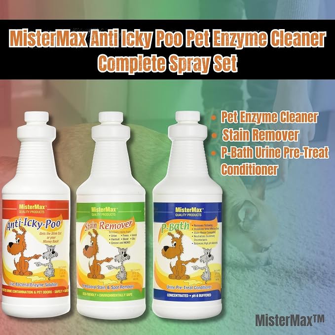 Mister Max Anti Icky Poo Pet Enzyme Cleaner - Cat & Dog Urine Odor Remover, Stain Remover, & P-Bath Urine Pre-Treat Conditioner - Complete Spray Set
