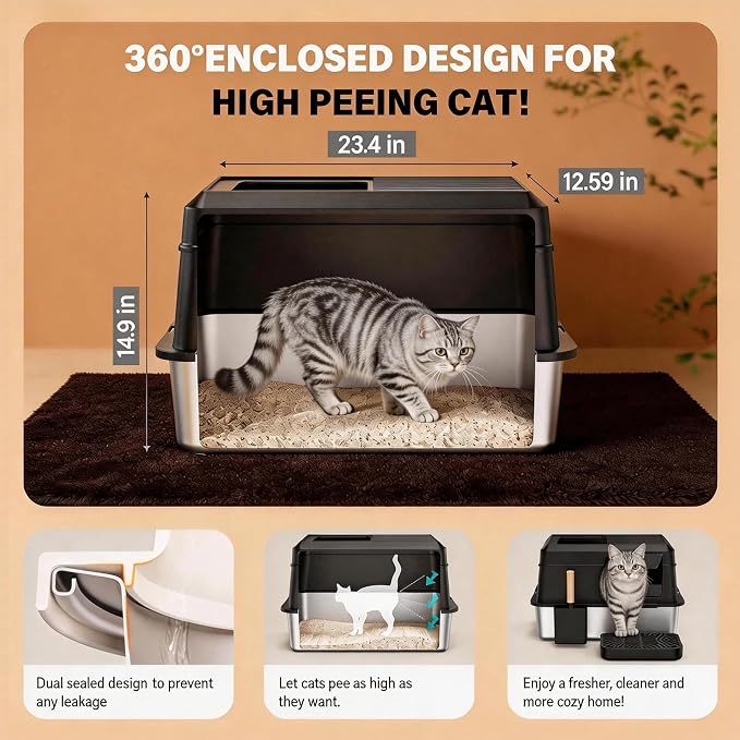 Extra Large Enclosed Stainless Steel Litter Box with Lid，Side Entry Top Exit High Sided Metal Cat Litter Pan，Non-Stick Easy Cleaning Anti-Urine Leakage for Big Cats，Includes Scoop & Step, Black