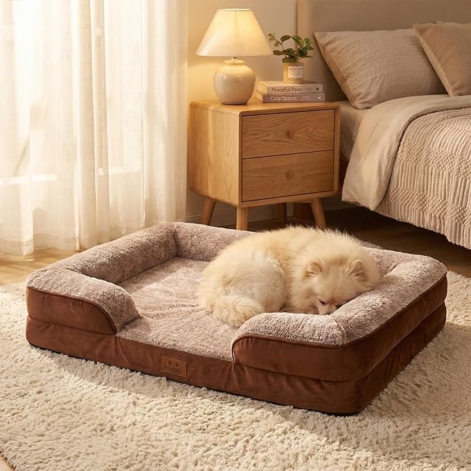 Orthopedic Dog Bed for Medium Dogs - Gel Memory Foam Pet Bed with Waterproof & Washable Cover, Contoured Bolster Design for Dogs & Cats (Brown, 30.0" L x 20.0" W x 6.3" Th)