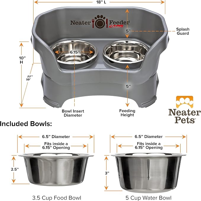 Neater Pets Neater Feeder Deluxe Mess-Proof Food & Water Bowls with Neater Mat Waterproof Silicone Mat - Protect Floors from Food & Water