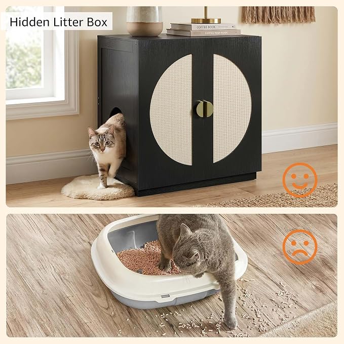 unipaws Tall Cat Litter Box Enclosure with Shelves, Hidden Litter Box Cover for Tall or Top Entry Litter Box, Kitty Enclosed Litter Box Cabinet, Cat Box Furniture, Black