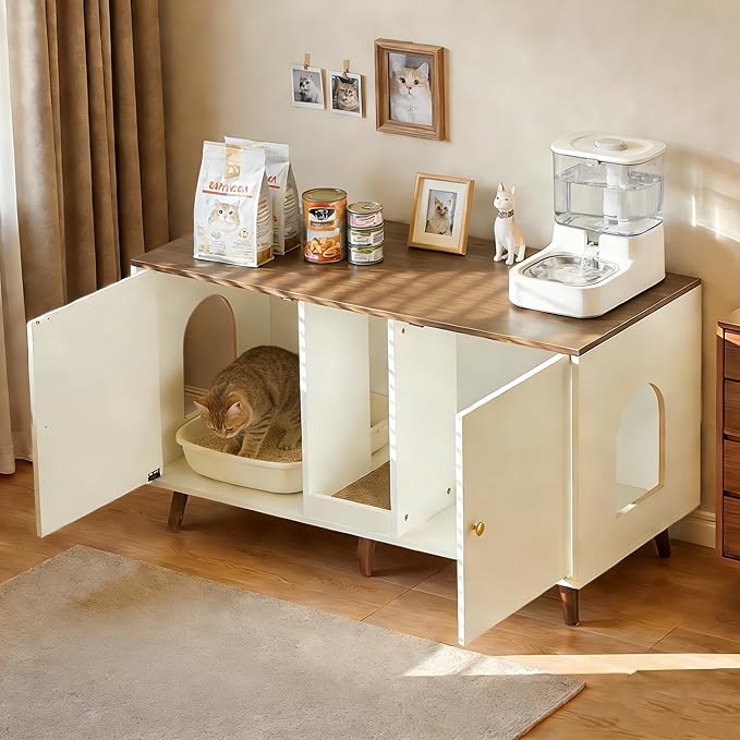 Double Cat Litter Box Enclosure - Hidden Litter Box Cabinet Furniture for 2 Cats Large with Scratching Pad, White