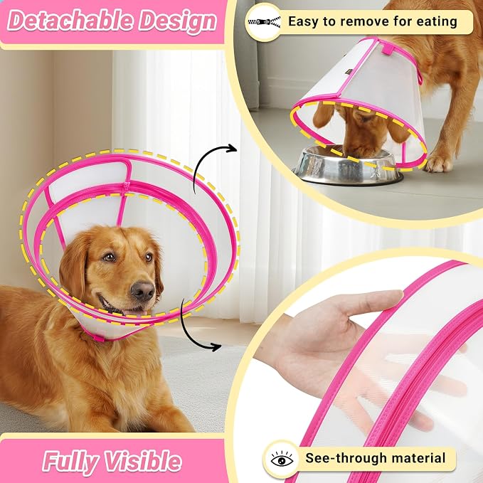 Dog Cone to Stop Licking, Clear Recovery Collar with Detachable Zipper, Sturdy Elizabethan Collar for Large Medium Small Dogs, Soft Adjustable Cone After Surgery Patented, Hot Pink M