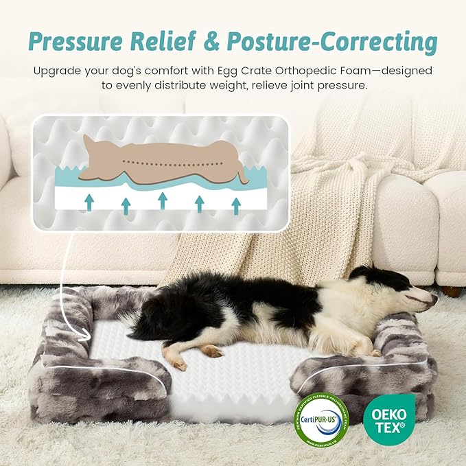 COZY KISS Orthopedic Dog Bed for Large Medium Size Dog, Soft and Warm Faux Fur Sofa for Pet Up to 75 lbs, Foam Bolster Anti-Slip Couch with Washable Removable Cover, L 36x27x6.5 inch, Tie Dye Grey
