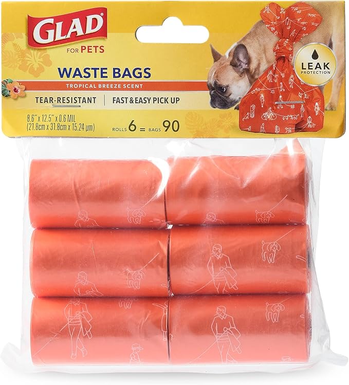 Glad for Pets Heavy Duty Dog Poop Bags, Scented Leak-Resistant Waste Bags with Fun Print Design, Tear-Resistant for Confident Pickup, Fits Standard Dispensers, 6 Rolls, 90 Count (Pack of 2)