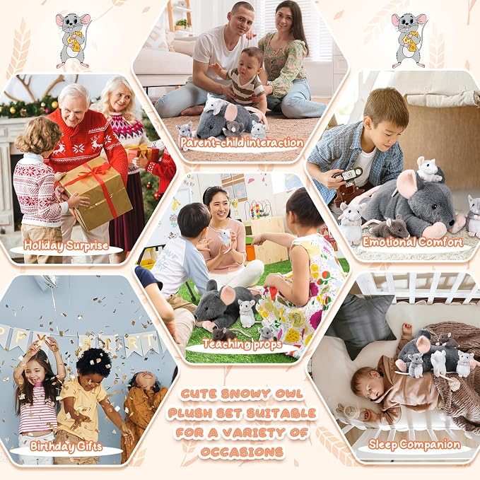 Arrowbash 5 Pcs Mouse Stuffed Animals Set - 14'' Large Mommy Rat Plush with 4 Small Mouse Babies in Zippered Tummy Stuffed Rat Plush Toys for Kids Girls Boys Valentine Birthday Gift(Adorable Style)