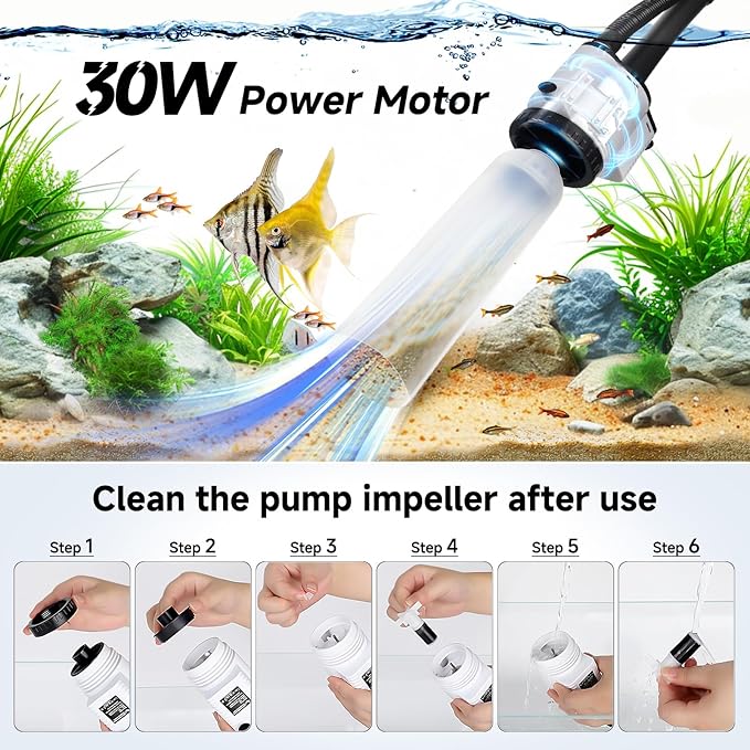 AQQA Electric Aquarium Gravel Cleaner, 8-in-1 Fish Tank Vacuum, Water Changer Sand Washer Algae Brush Turtle Shower Filter, Automatic Cleaning Kit for Freshwater Saltwater, 30W/480GPH