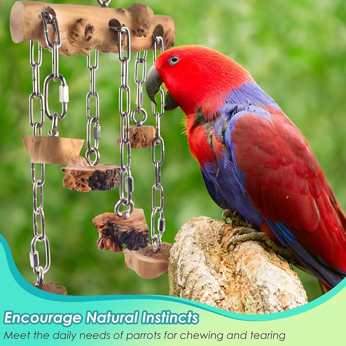 DBNESS Bird Toys for Parrots, Durable Wooden Hardwood Blocks with Stainless Steel Hanging Natural Chew Toy for Macaws African Greys Amazon Cockatoos Medium Large Parrot Similar Sized Pet Parrot